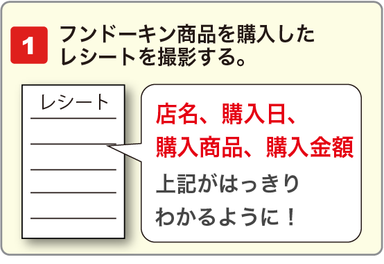 フンドーキン商品を購入したレシートを撮影する。